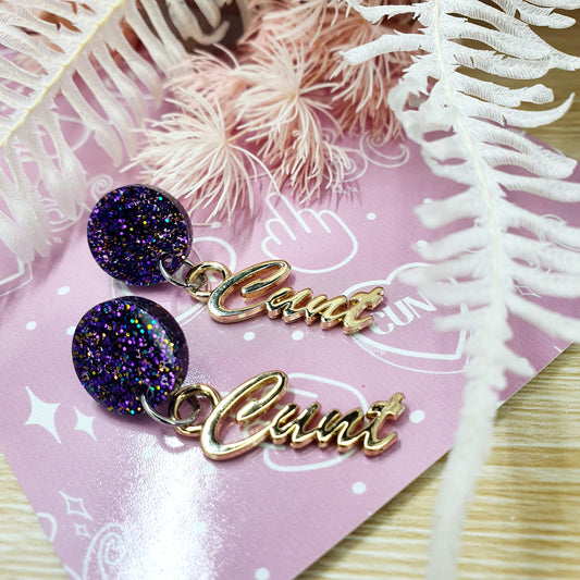 Glitter Purple & Gold Cunty Drop Earrings