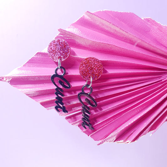 Glitter Pink & Black Cunty Drop Earrings