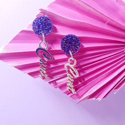 Glitter Purple & Gold Cunty Drop Earrings